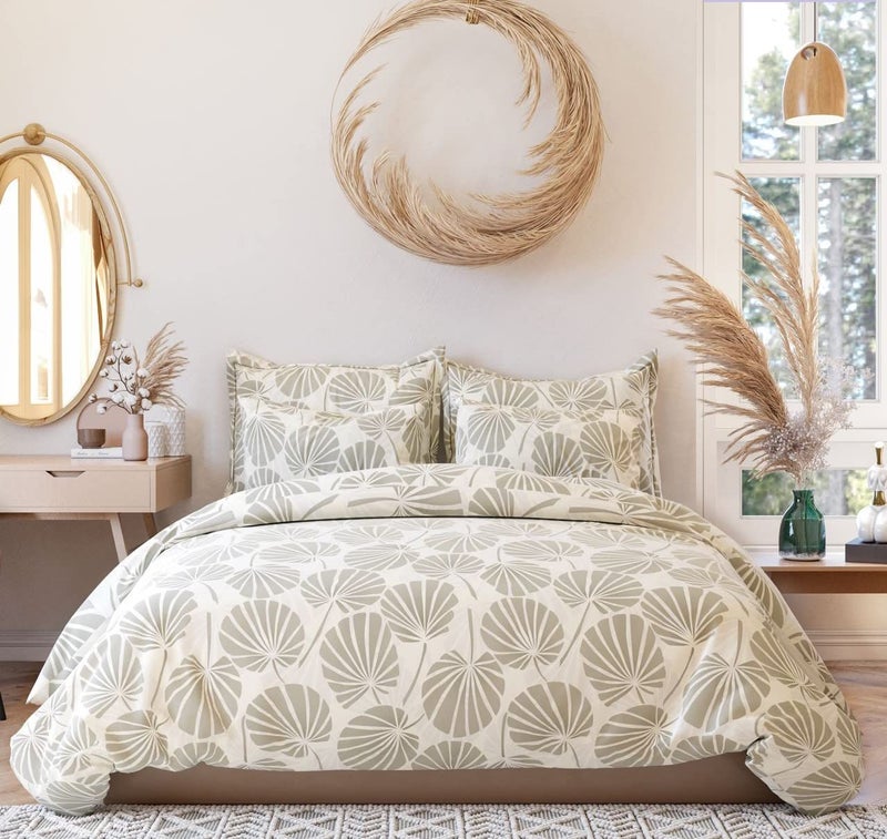 TIB Glace Cotton Elastic Fitted Bedsheets King Size | Bedsheet for Double Bed with 2 Pillow Covers (72” x 78” or 182 x 198 cm) Cream-Leaves - Image 1