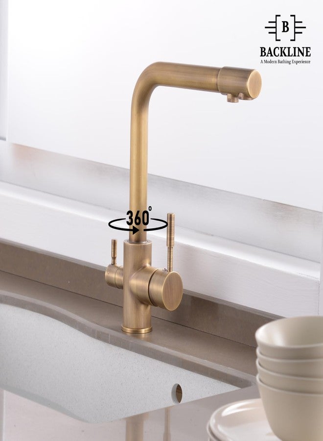 B Backline Brass Kitchen Mixer tap with RO Drinking Water Outlet | Double Lever Faucet for Kitchen Sink | Sink Tap with 360° Spout Rotation | Hot & Cold Kitchen Sink Faucet (Antique Matt) - Image 4