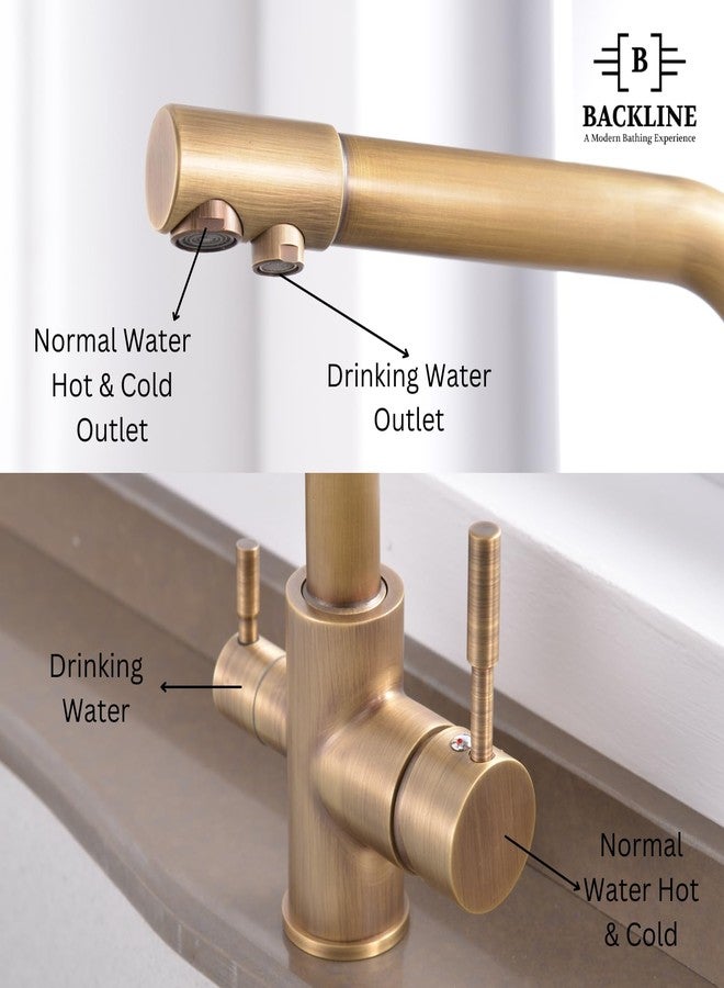 B Backline Brass Kitchen Mixer tap with RO Drinking Water Outlet | Double Lever Faucet for Kitchen Sink | Sink Tap with 360° Spout Rotation | Hot & Cold Kitchen Sink Faucet (Antique Matt) - Image 3