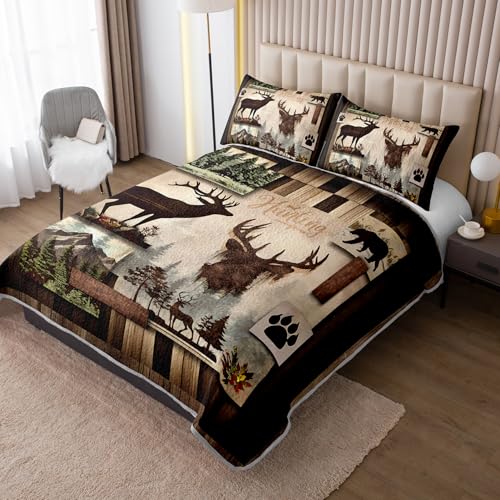 UEVBF King Size Rustic Cabin Quilt Set,Camo Deer Bear Retro Bedding Sets for Hunting Room Decor,Brown Hunting Themed Plaid Patchwork Bedding Quilts with 2 Pillowcases. - Image 2