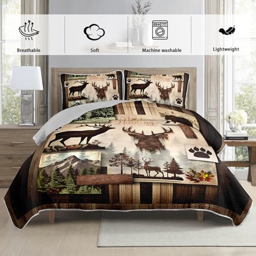 UEVBF King Size Rustic Cabin Quilt Set,Camo Deer Bear Retro Bedding Sets for Hunting Room Decor,Brown Hunting Themed Plaid Patchwork Bedding Quilts with 2 Pillowcases. - Image 3