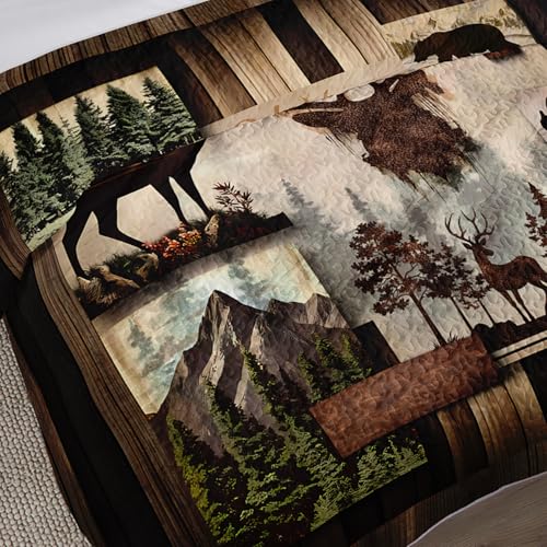 UEVBF King Size Rustic Cabin Quilt Set,Camo Deer Bear Retro Bedding Sets for Hunting Room Decor,Brown Hunting Themed Plaid Patchwork Bedding Quilts with 2 Pillowcases. - Image 4