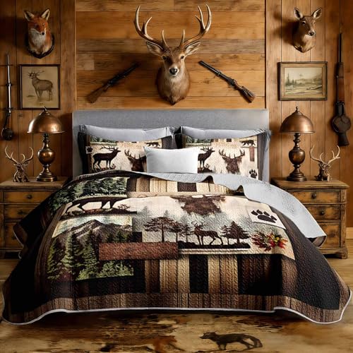 UEVBF King Size Rustic Cabin Quilt Set,Camo Deer Bear Retro Bedding Sets for Hunting Room Decor,Brown Hunting Themed Plaid Patchwork Bedding Quilts with 2 Pillowcases. - Image 1