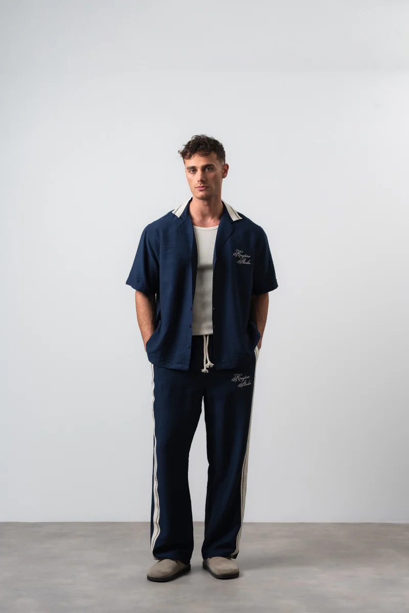 Respire Men's Striped Detail Linen Oversize Shirt and Pants Suit Navy Blue