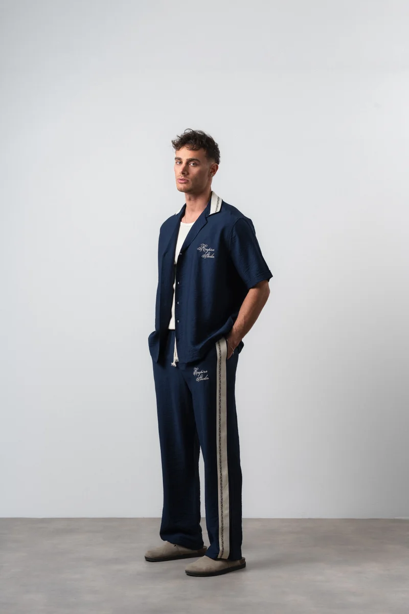 Respire Men's Striped Detail Linen Oversize Shirt and Pants Suit Navy Blue