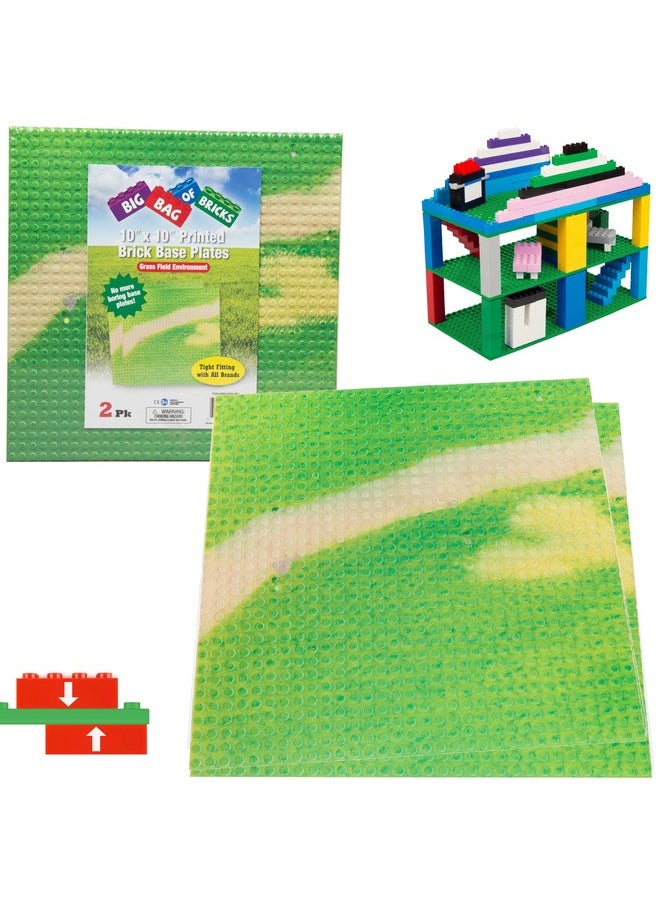 SCS Direct SCS Direct Brick Building Blocks 10x10 Large Baseplates - Grassy Field - 2 Pack - Dual Sided Base Plates Connect Top & Bottom for Better Builds - Works w Activity Tables, Tight fit Major Brick Brands  - Image 1