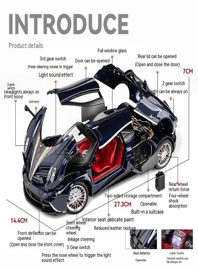Arthasya Model 1:18 Pagani Huayra Model Alloy Metal Pull Back Die-cast Car Openable Doors with Sound and Light Vehicle Car Toy for Kids - Multicolor - Image 2