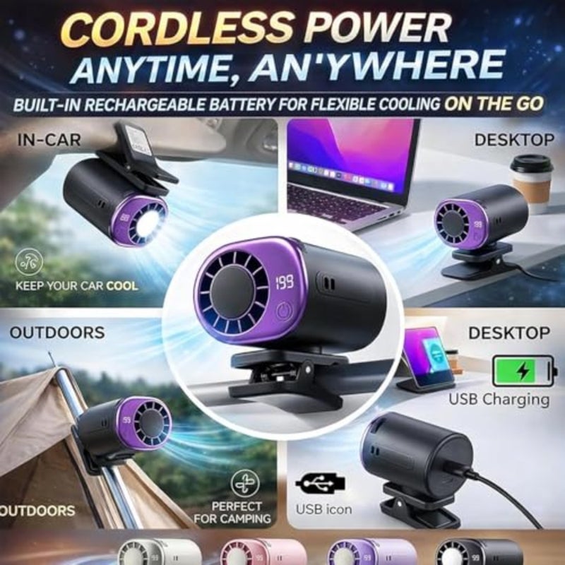 مروحة مكيف هواء بمشبك للسيارة مع شاشة LED - دوران 360 درجة، نظام تبريد صغير محمول للسيارة قابل لإعادة الشحن عبر USB، 199 سرعة قابلة للتعديل، 16 مشبك عريض شبه تبريد - Image 5