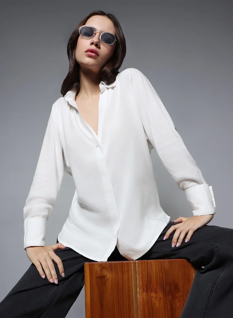 HIGH STAR White Oversized Long Sleeves Casual Shirt for Women