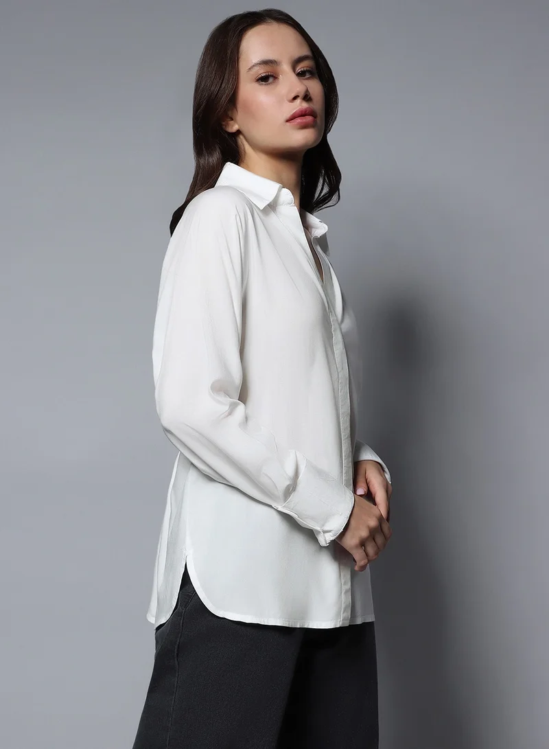 HIGH STAR White Oversized Long Sleeves Casual Shirt for Women