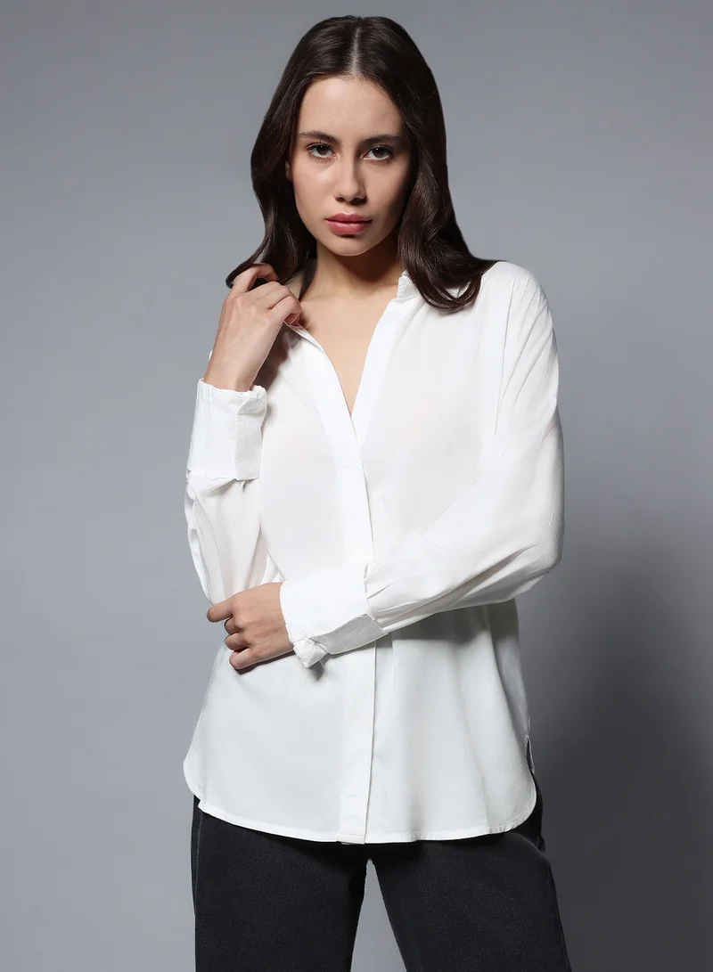 HIGH STAR White Oversized Long Sleeves Casual Shirt for Women