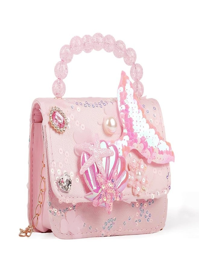 Flavizo Sling Bag for Girls Kids - PU Material, Cute Mermaid Design, Dark Pink | Lightweight Girls Bag with Beaded Handle & Chain Strap, Great Gift for Ages 3-8 (14x5x11cm) - Image 1