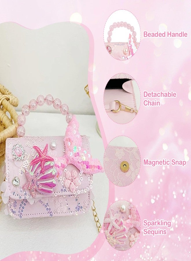 Flavizo Sling Bag for Girls Kids - PU Material, Cute Mermaid Design, Dark Pink | Lightweight Girls Bag with Beaded Handle & Chain Strap, Great Gift for Ages 3-8 (14x5x11cm) - Image 4