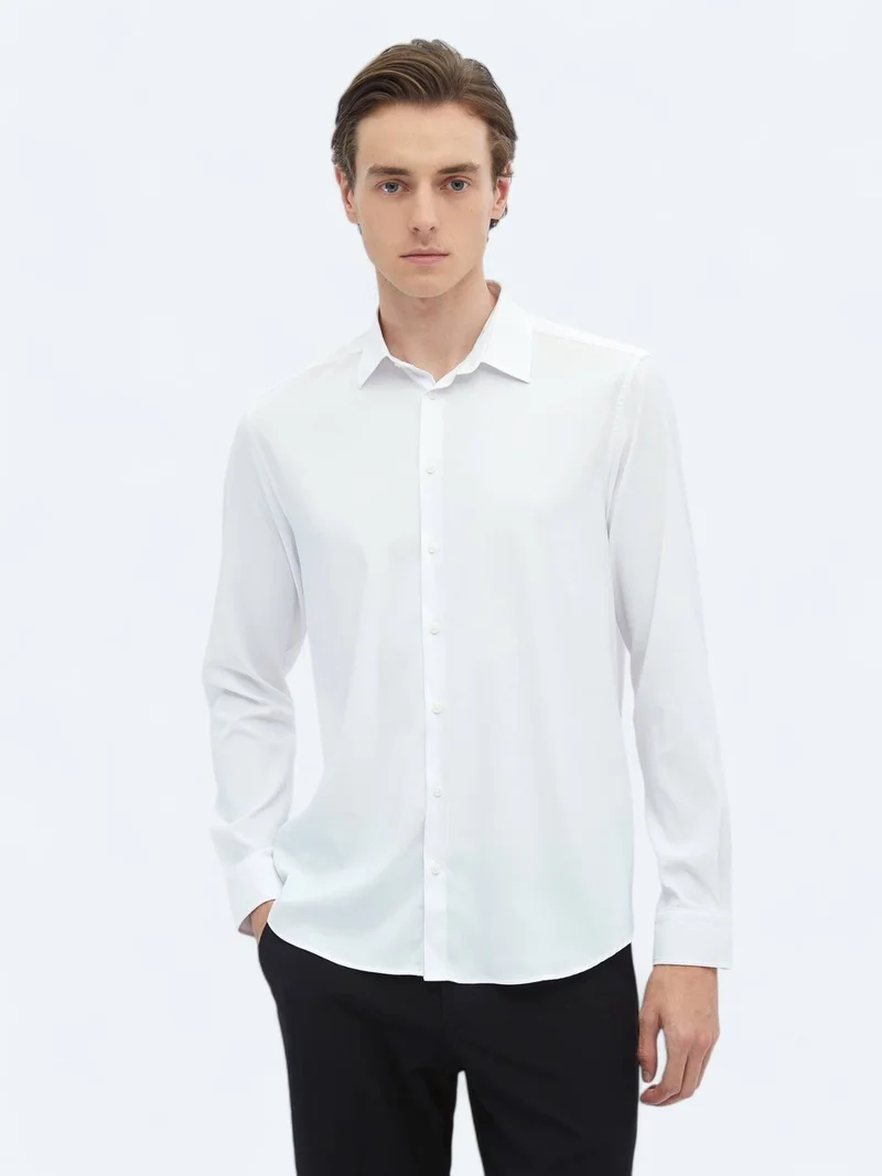 Kip White Plain Regular Fit Long Weaving Casual Shirt
