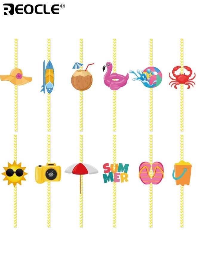 REOCLE 24PCS Summer Party Paper Straws Biodegradable Paper Drinking Straws Decoration for Summer Theme Birthday Wedding Party Favors for Beach Pool and Tropical Parties - Image 2