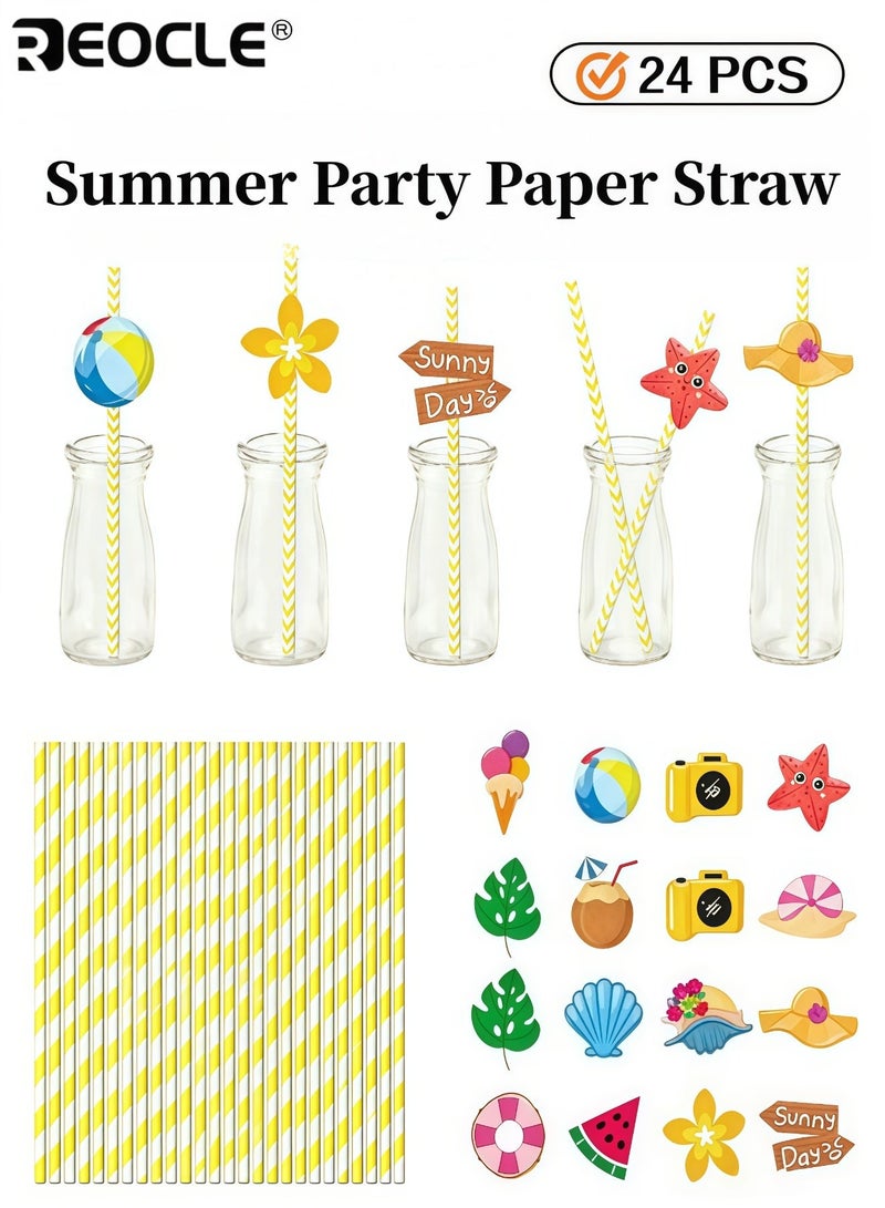 REOCLE 24PCS Summer Party Paper Straws Biodegradable Paper Drinking Straws Decoration for Summer Theme Birthday Wedding Party Favors for Beach Pool and Tropical Parties - Image 1
