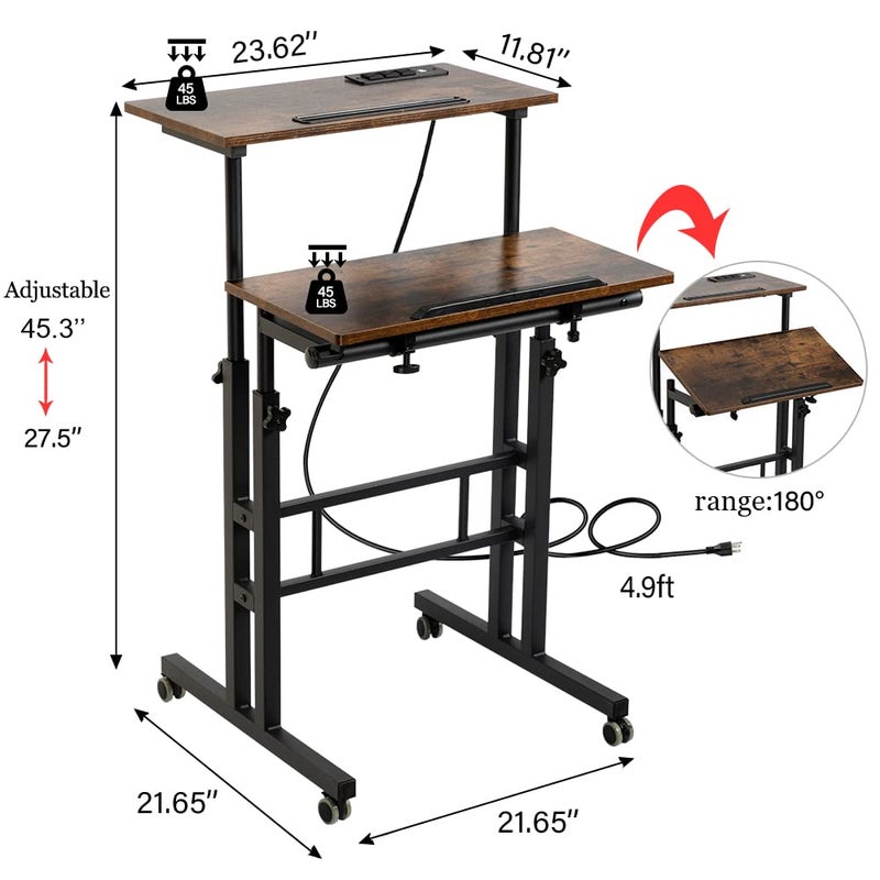 Hadulcet Mobile Standing Desk with Wheels, Rolling Desk Adjustable Height, Portable Laptop Table with Charging Station, Sit Stand up for Home Office, Study, Classroom, Rustic Brown - Image 5