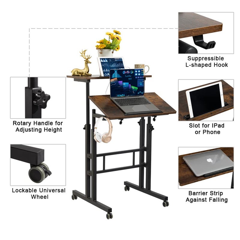Hadulcet Mobile Standing Desk with Wheels, Rolling Desk Adjustable Height, Portable Laptop Table with Charging Station, Sit Stand up for Home Office, Study, Classroom, Rustic Brown - Image 4