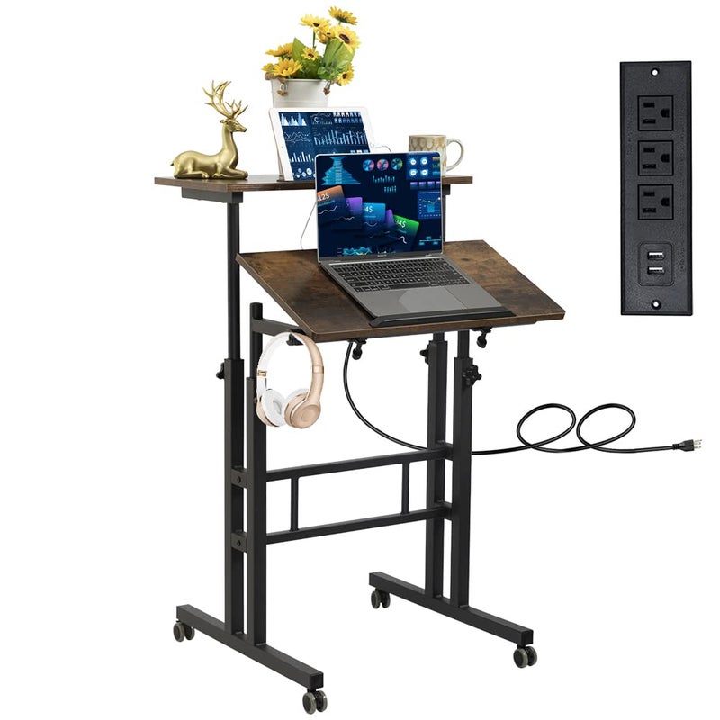 Hadulcet Mobile Standing Desk with Wheels, Rolling Desk Adjustable Height, Portable Laptop Table with Charging Station, Sit Stand up for Home Office, Study, Classroom, Rustic Brown - Image 1
