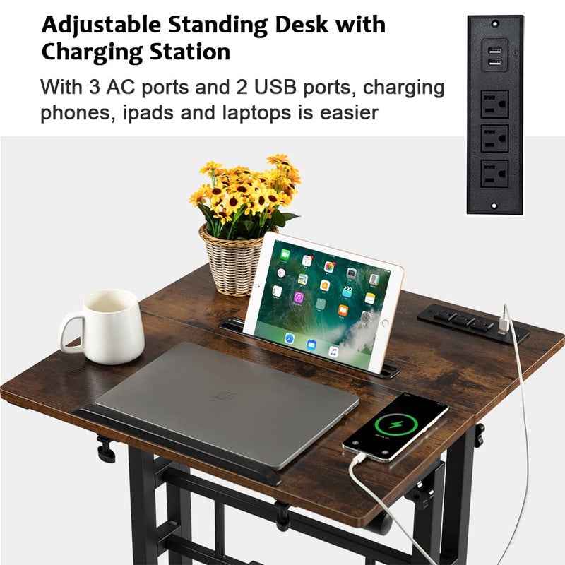 Hadulcet Mobile Standing Desk with Wheels, Rolling Desk Adjustable Height, Portable Laptop Table with Charging Station, Sit Stand up for Home Office, Study, Classroom, Rustic Brown - Image 3