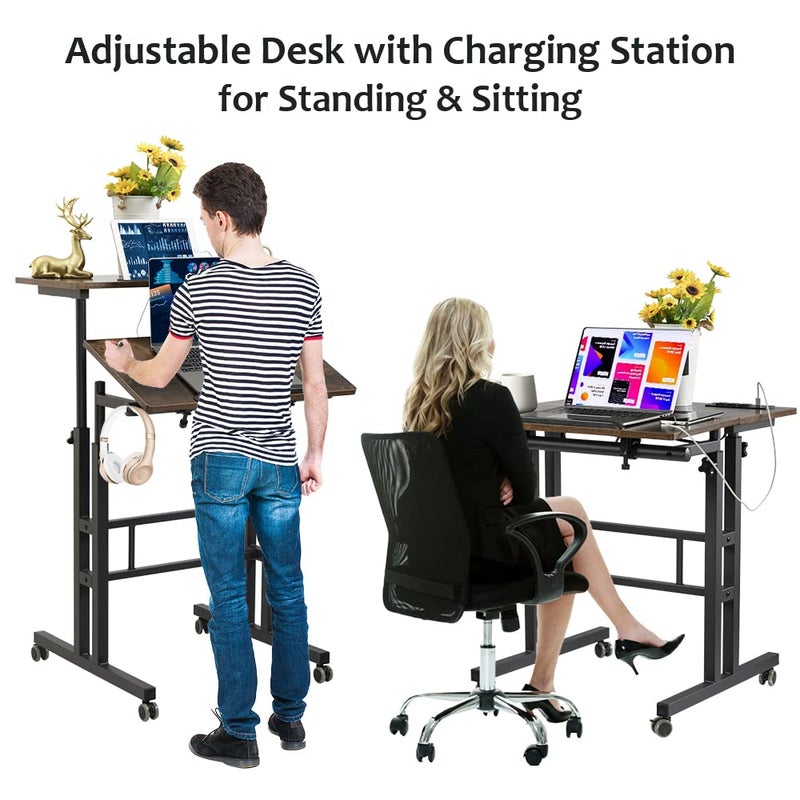 Hadulcet Mobile Standing Desk with Wheels, Rolling Desk Adjustable Height, Portable Laptop Table with Charging Station, Sit Stand up for Home Office, Study, Classroom, Rustic Brown - Image 2