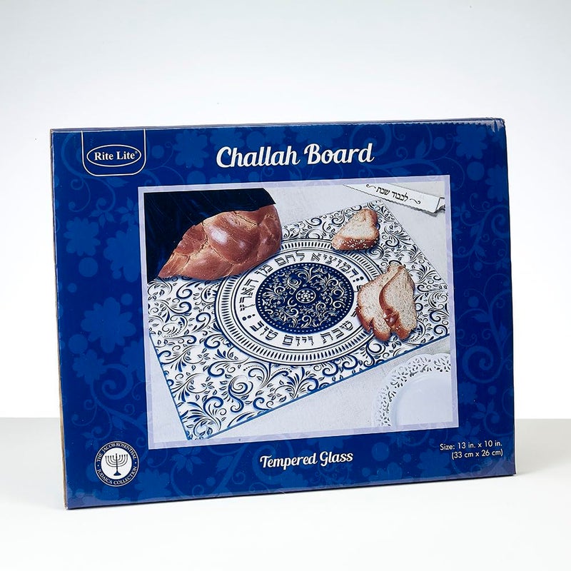 Rite Lite Glass Challah Board, Blue Damask Pattern Shabbat Challah Tray - Shabbat Gifts, Shabbat Blue Glass Challah Board 13" L - Image 3