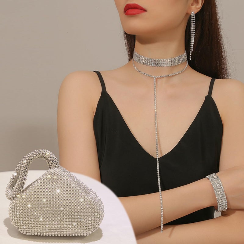 EIELO Rhinestone Jewelry Set for Women Wedding Bridal Triangle Bling Clutch Bag Glitter Choker Necklace Tennis Stretch Bracelets Ring Dangle Fringe Earrings Set - Image 3