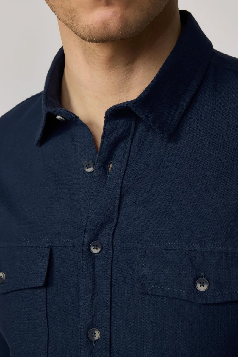 تودورس Slim Fit Long Sleeve Double Pocket Cotton Linen Sport Collar Navy Blue Men's Shirt