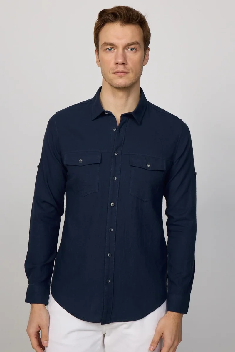 تودورس Slim Fit Long Sleeve Double Pocket Cotton Linen Sport Collar Navy Blue Men's Shirt