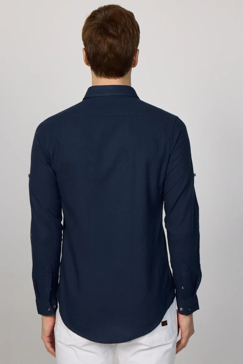 تودورس Slim Fit Long Sleeve Double Pocket Cotton Linen Sport Collar Navy Blue Men's Shirt