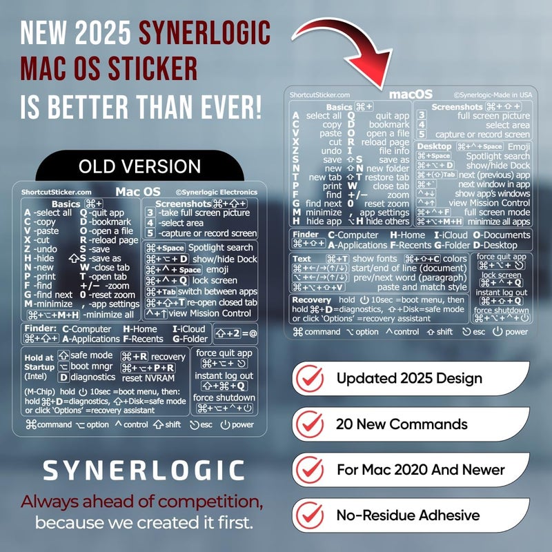 Synerlogic ملصق اختصارات لنظام Mac OS | ملصقات لوحة المفاتيح لنظام macOS | ورقة غش من الفينيل المصفح بدون بقايا لجهاز MacBook المحمول | اختصارات MacBook 2025 (شفاف/أبيض) - Image 3