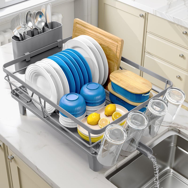 Urackify Dish Drying Rack for Kitchen Counter Sink Dish Rack with Drainboard Large Dish Drainer with Cups Holder Home Countertop Plate Dryer Storage Rack with Cutlery Holder Gray