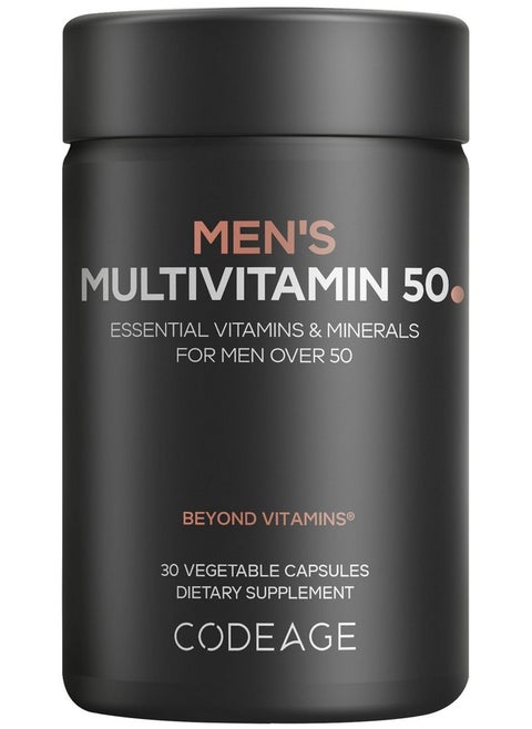 Codeage Men's Multivitamin 50 - Essential Vitamins & Minerals for Men Over 50 - Daily Multivitamins for Men Supplement - Vitamin A, C, D3, E, B6, B1, CoQ10, Probiotics, Lutein - Non-GMO - 30 Capsules