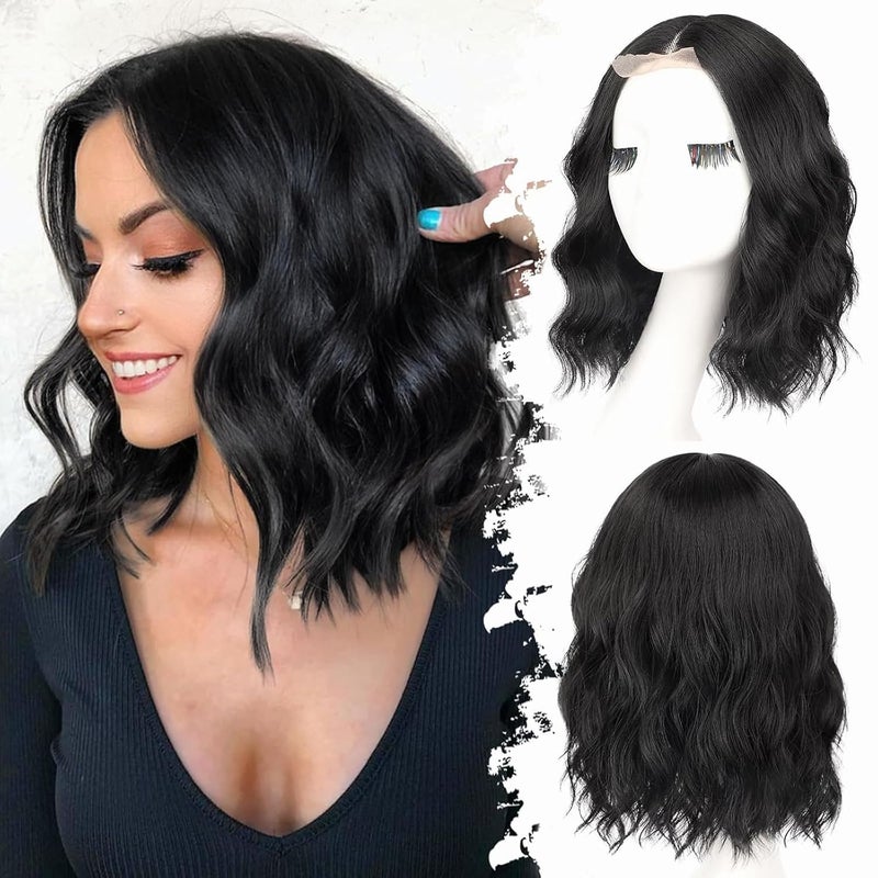 Black Short Wavy Wig for Women Lace Hairline Bob Style Synthetic Heat Resistant  Natural Appearance for Everyday Hairstyle 14 Inch