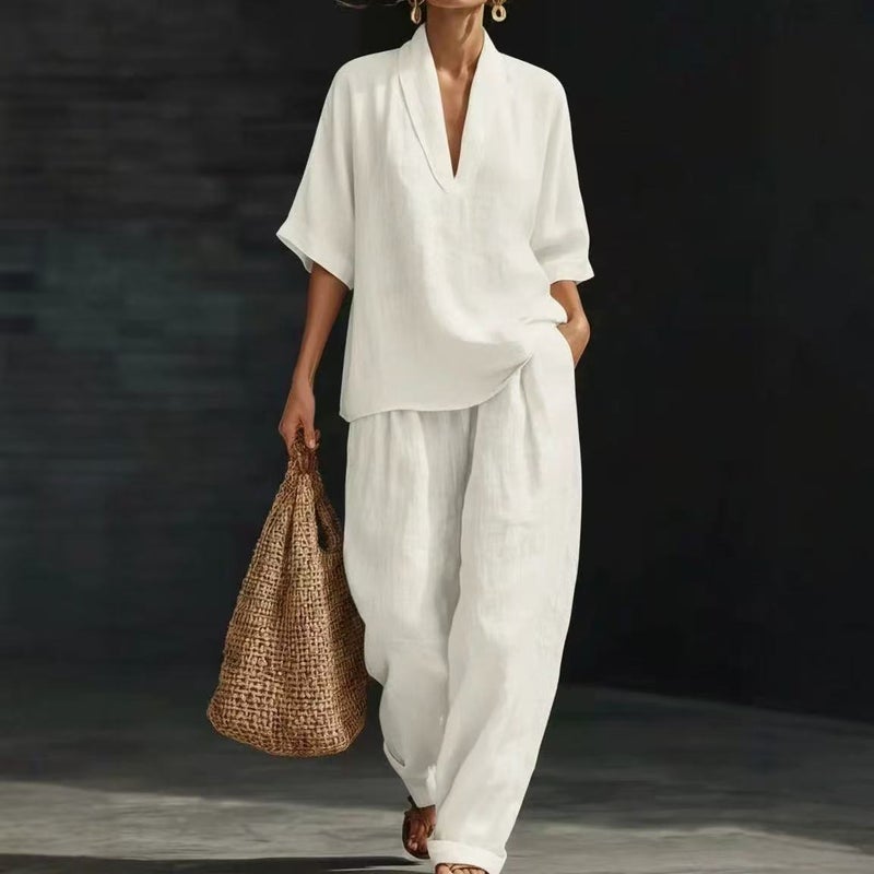 Popular Foreign Trade Fashion V-Neck Set for Spring and Summer, and Style, Solid Color, Simple Women''s Casual Loose Two-Piece Set - Image 3