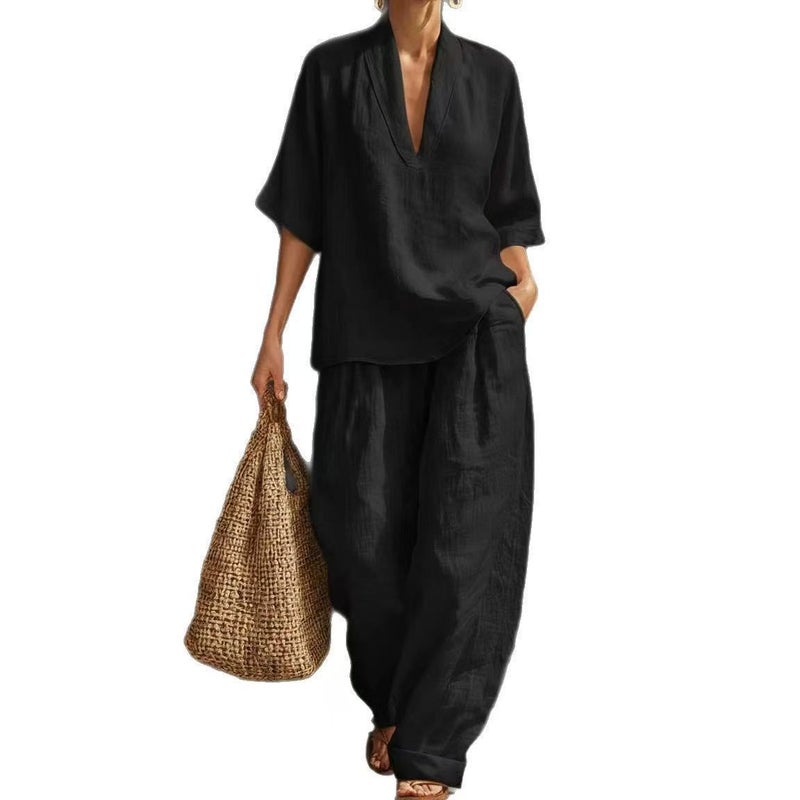 Popular Foreign Trade Fashion V-Neck Set for Spring and Summer, and Style, Solid Color, Simple Women''s Casual Loose Two-Piece Set - Image 5