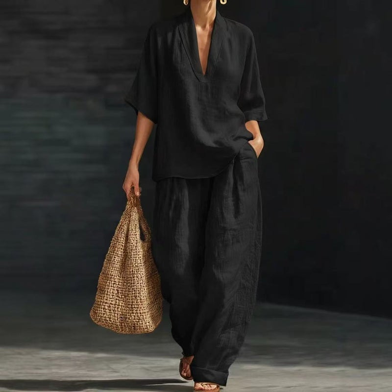 Popular Foreign Trade Fashion V-Neck Set for Spring and Summer, and Style, Solid Color, Simple Women''s Casual Loose Two-Piece Set - Image 4
