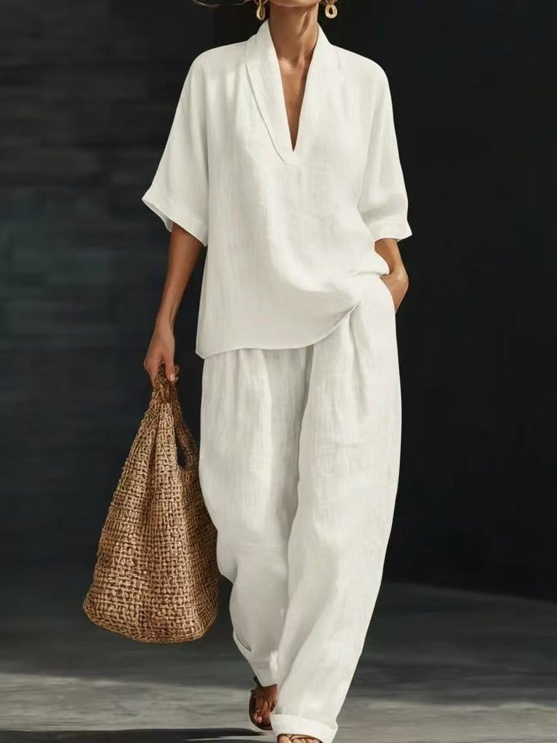 Popular Foreign Trade Fashion V-Neck Set for Spring and Summer, and Style, Solid Color, Simple Women''s Casual Loose Two-Piece Set - Image 1