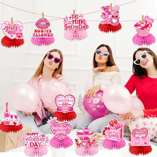 TEMYAXU Galentines Day Decorations Honeycomb Centerpieces 12Pcs Pink Glitter XOXO Girls Gang Galentines Day Table Decorations 3D Double Side Galentines Day Table Centerppices for Girl Lady Party - Image 5