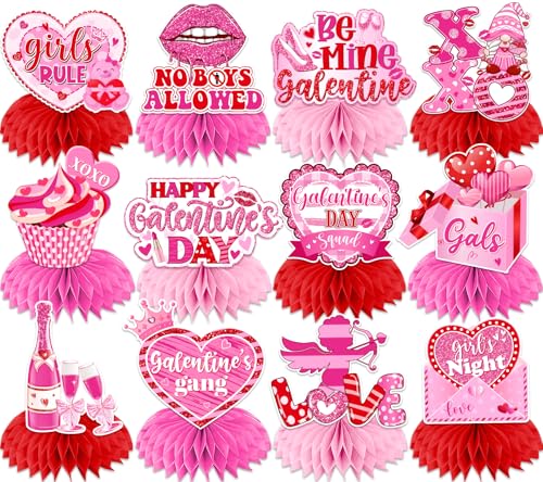 TEMYAXU Galentines Day Decorations Honeycomb Centerpieces 12Pcs Pink Glitter XOXO Girls Gang Galentines Day Table Decorations 3D Double Side Galentines Day Table Centerppices for Girl Lady Party - Image 1