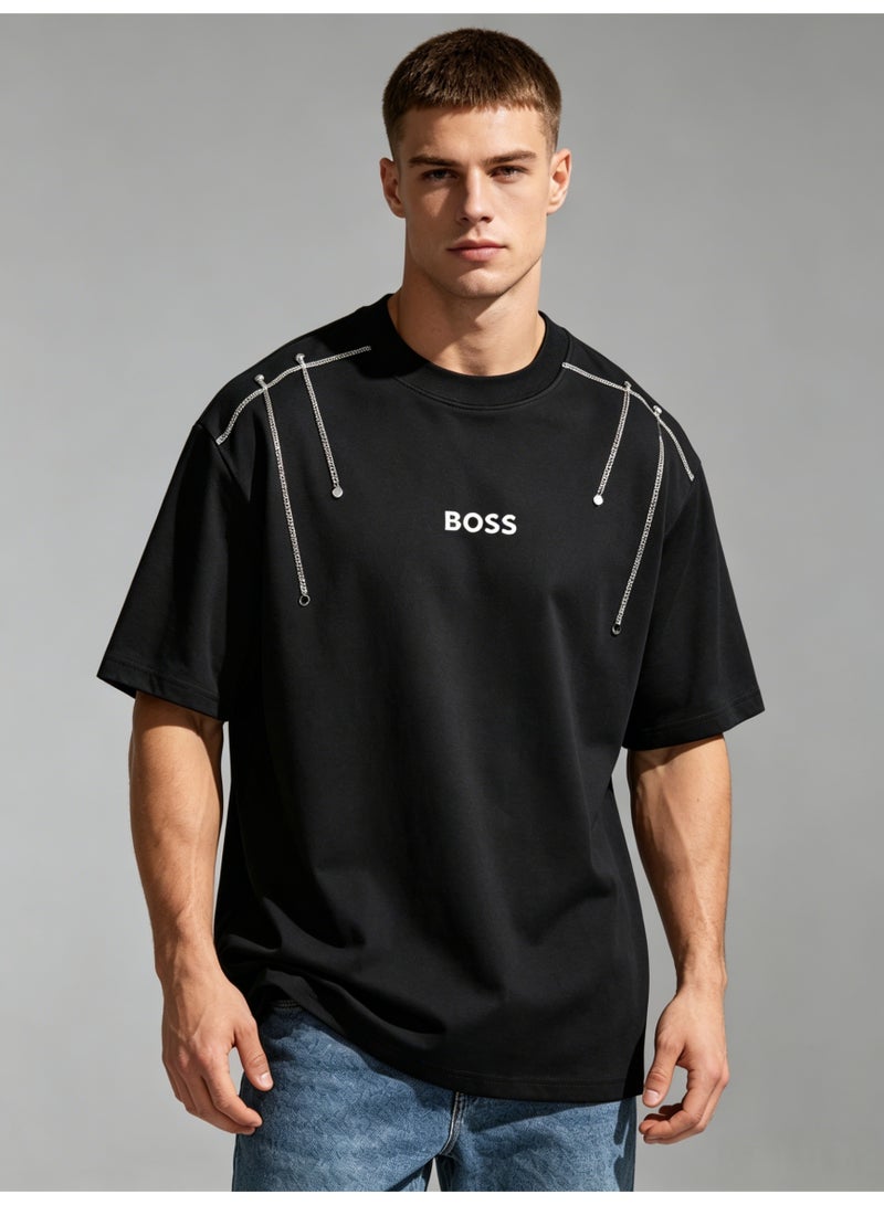 BOSS Unisex Black Oversized T-Shirt with Silver Chain Shoulder Detail, Crew Neck Casual Streetwear Tee for Men & Women - Image 1