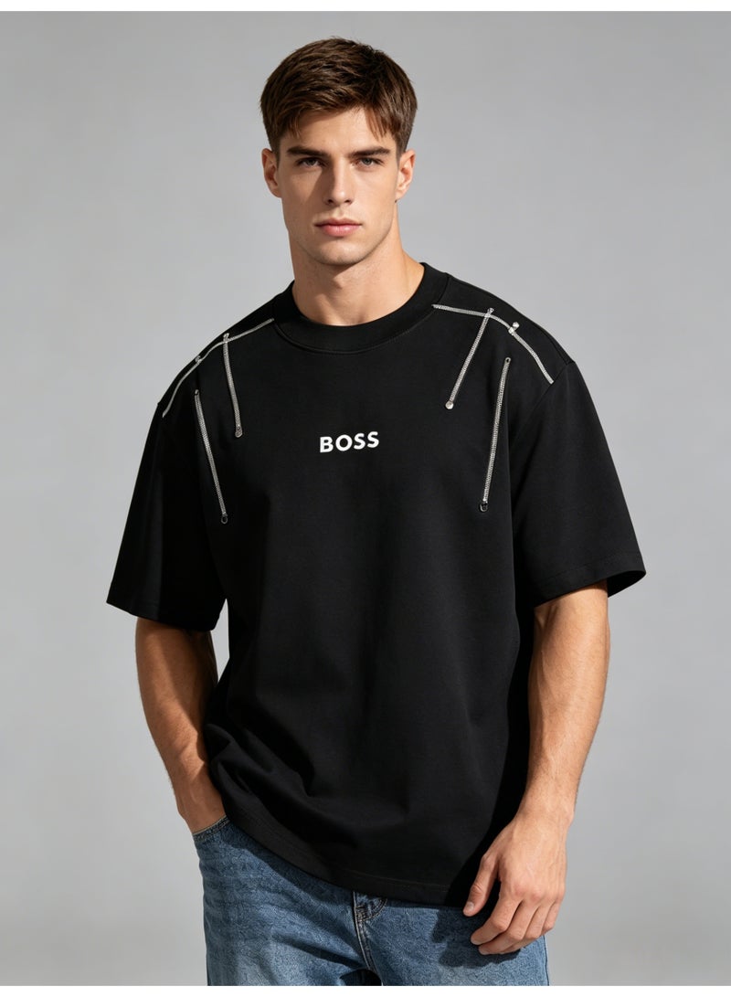 BOSS Unisex Black Oversized T-Shirt with Silver Chain Shoulder Detail, Crew Neck Casual Streetwear Tee for Men & Women - Image 3