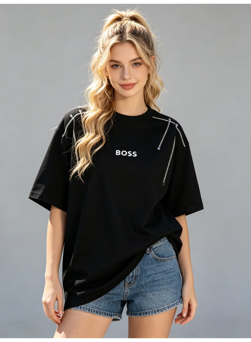 BOSS Unisex Black Oversized T-Shirt with Silver Chain Shoulder Detail, Crew Neck Casual Streetwear Tee for Men & Women - Image 2