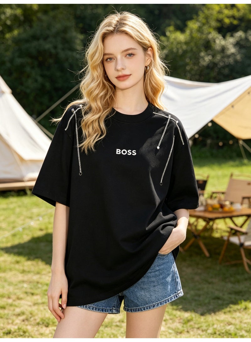 BOSS Unisex Black Oversized T-Shirt with Silver Chain Shoulder Detail, Crew Neck Casual Streetwear Tee for Men & Women - Image 5