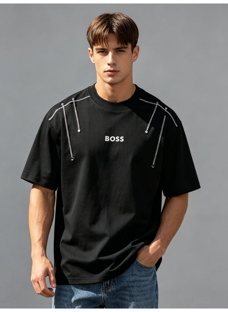 BOSS Unisex Black Oversized T-Shirt with Silver Chain Shoulder Detail, Crew Neck Casual Streetwear Tee for Men & Women - Image 4