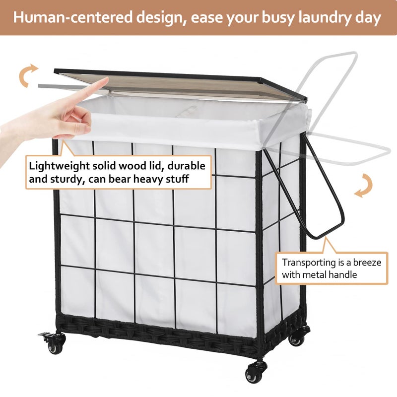 Hermina Durable Laundry Hamper with Removable Liner Bag, Heavy Duty Wheels, Wood Lid and Metal Handle - Clothes Sorter and Laundry Basket in White - Image 3