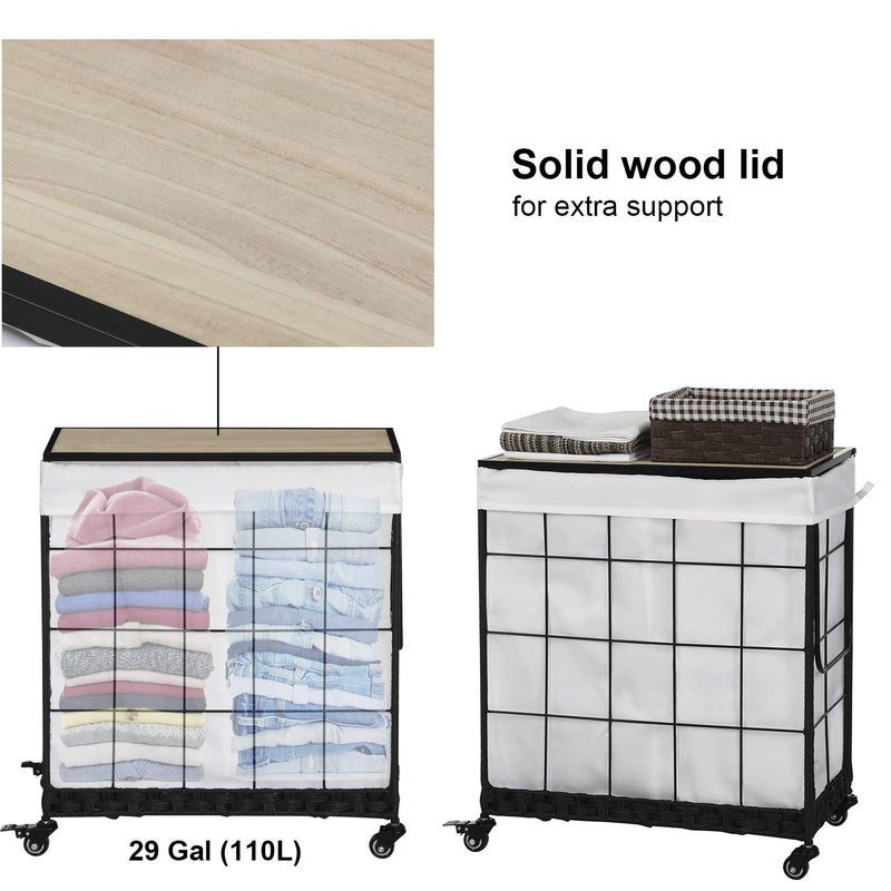 Hermina Durable Laundry Hamper with Removable Liner Bag, Heavy Duty Wheels, Wood Lid and Metal Handle - Clothes Sorter and Laundry Basket in White - Image 4