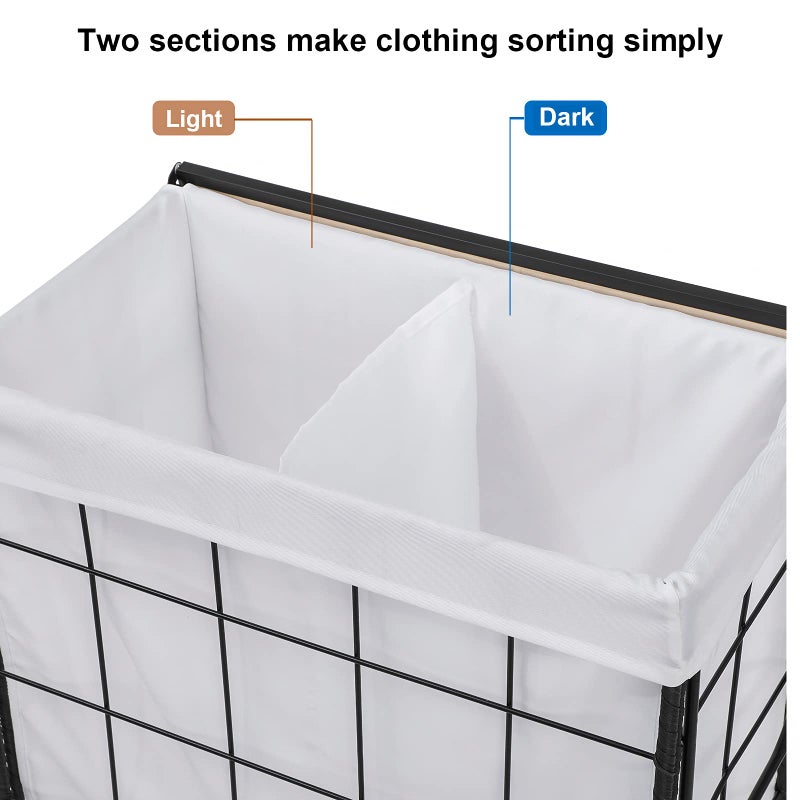 Hermina Durable Laundry Hamper with Removable Liner Bag, Heavy Duty Wheels, Wood Lid and Metal Handle - Clothes Sorter and Laundry Basket in White - Image 5