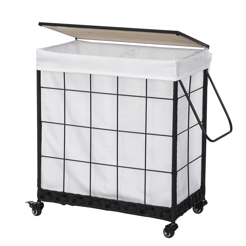 Hermina Durable Laundry Hamper with Removable Liner Bag, Heavy Duty Wheels, Wood Lid and Metal Handle - Clothes Sorter and Laundry Basket in White - Image 1