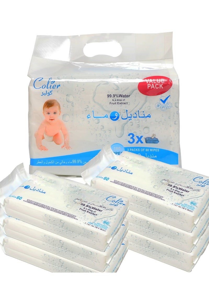 COLIER - 99.9% Water & a drop of fruit extract 540 WIPES 9 PACKS OF 60 WIPES - Image 1